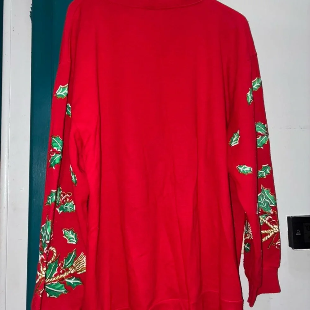 Holiday Time Red Santa Crewneck Sweater with Green Accents and Gold Trim